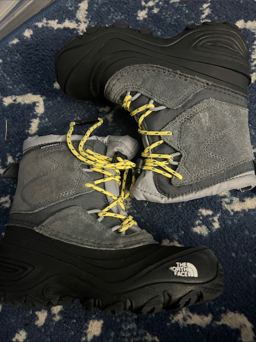 The North Face Kids Gray Suede Winter Boots with Yellow Laces